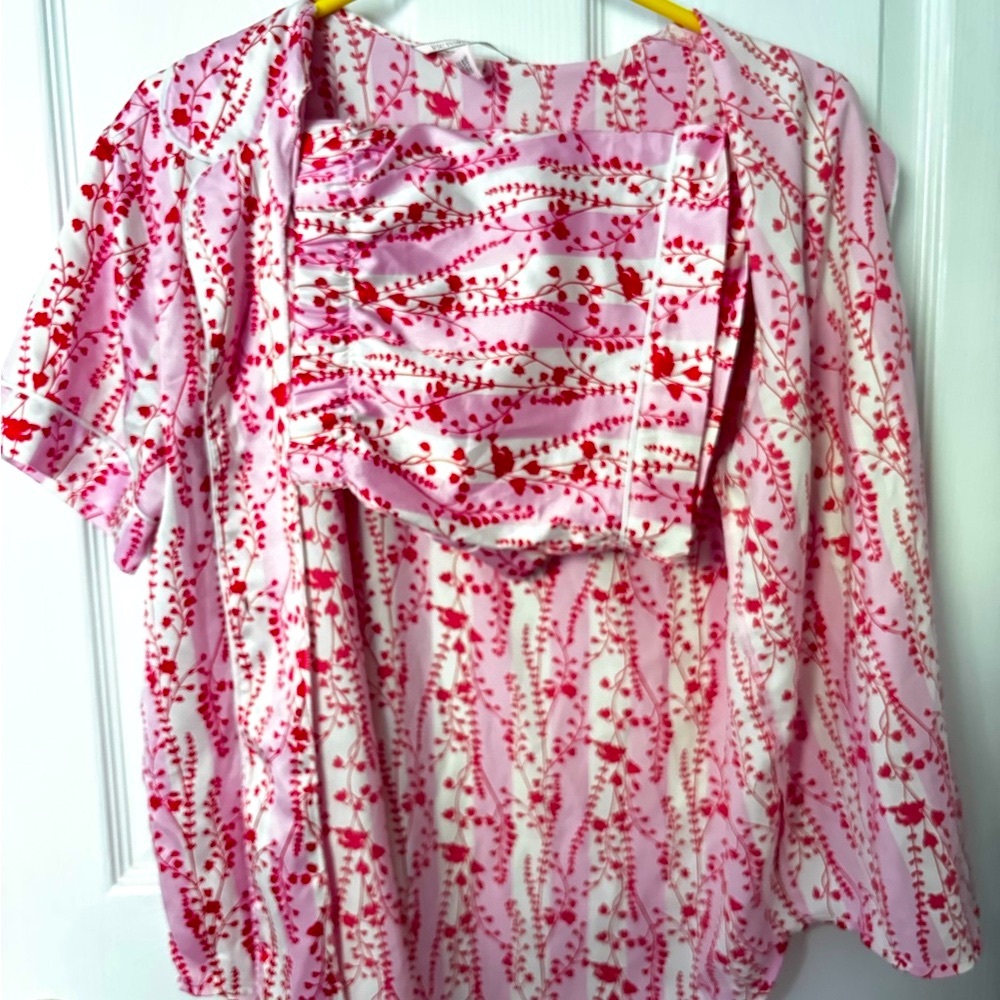 Victoria's Secret Satin Stripe Floral Button Front Short Sleeve PJ Shirt Size S